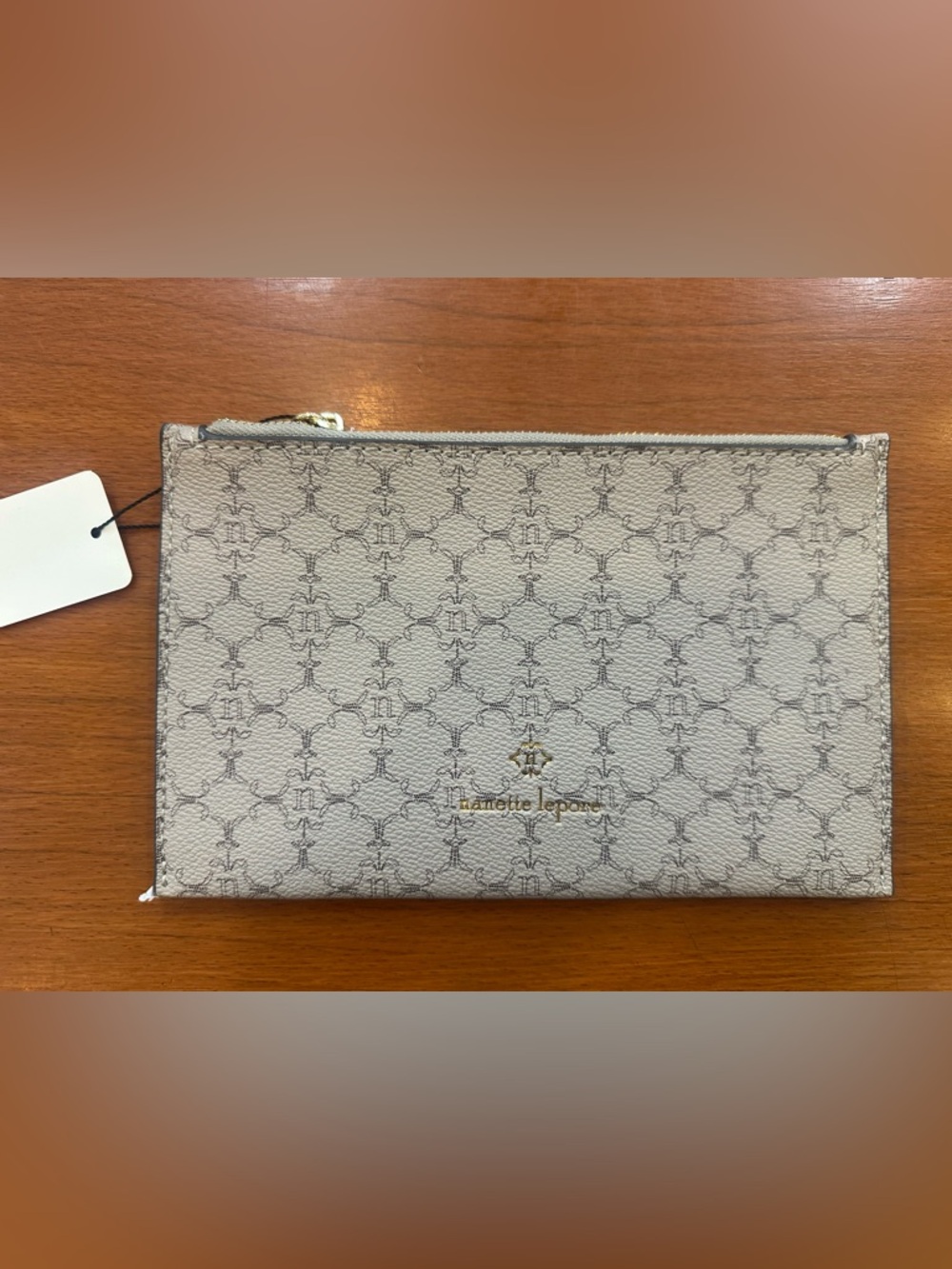 Nanette Lepore Cream Patterned Zip Wristlet Clutch